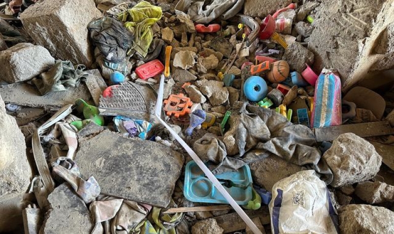 Children&#039;s toys in rubble of deadly apartment block strike in Lebanon